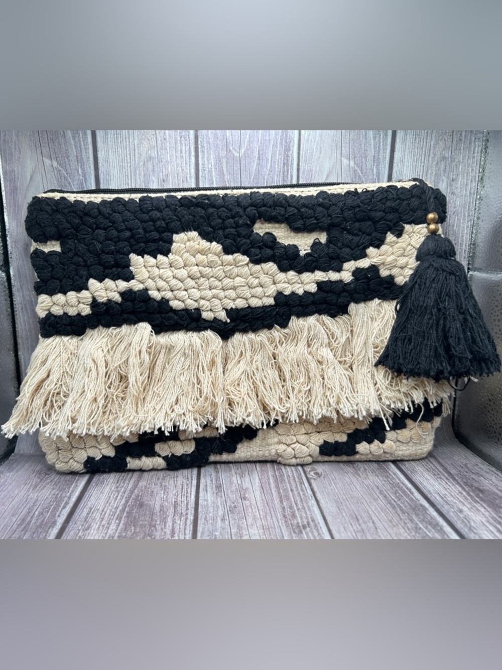 MANGO Boho Embroidered Clutch Bag Woven Cotton Macrame Fringe Black Off White - Picture 4 of 13